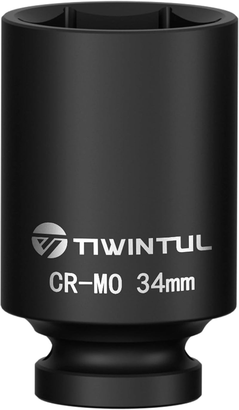 TIWINTUL 34mm Deep Impact Socket 1/2 Inch Drive, CR-MO Steel Impact Socket, 3.07" Length, 6 Point Design, Metric Size, Axle Nut Socket for Easy Removal of Axle Shaft Nuts - Image 1